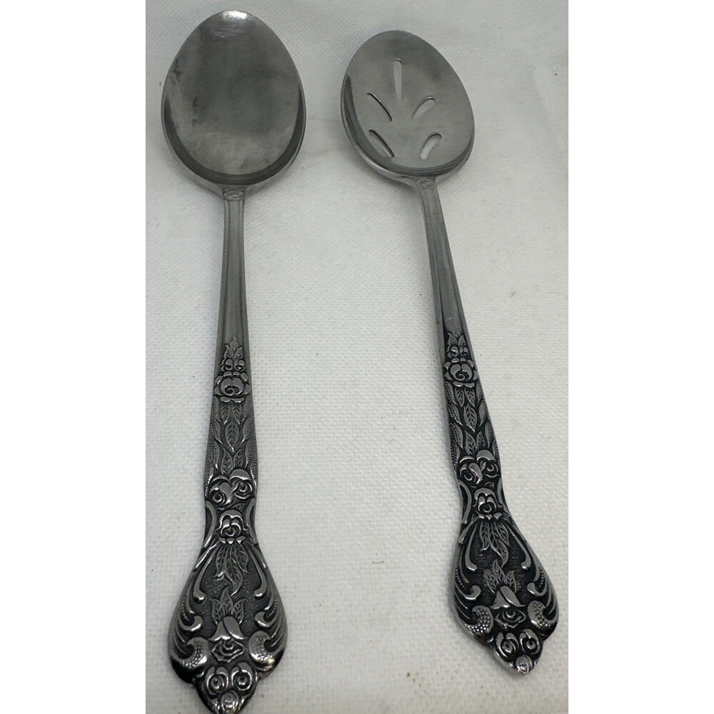 Versailles Pattern Stainless Slotted & Solid Serving Spoons By MSI Japan Roses